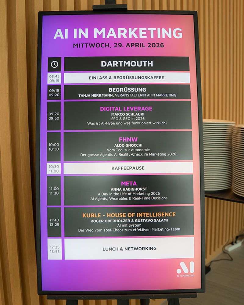 Digitale Programmanzeige für den Raum Dartmouth an der AI in Marketing Konferenz